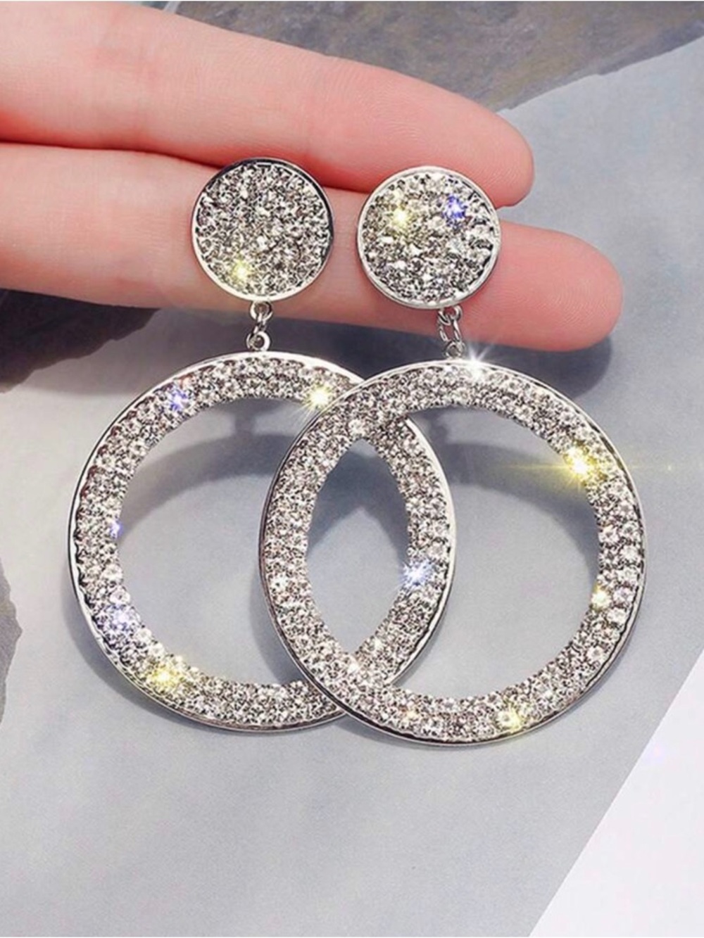Crystal Pavé Silver Hoop Drop Earrings